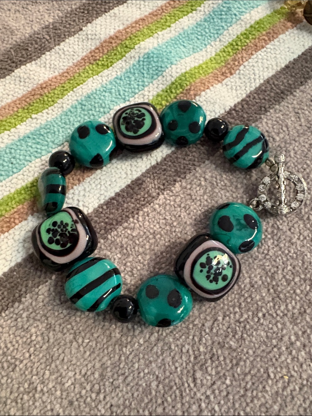 Teal Black Purple Ceramic Beaded Bracelet Rhinestone Toggle Clasp